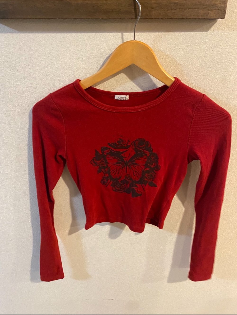Garage Red Ribbed Cropped Top with Black Graphic Butterfly Size XS‎